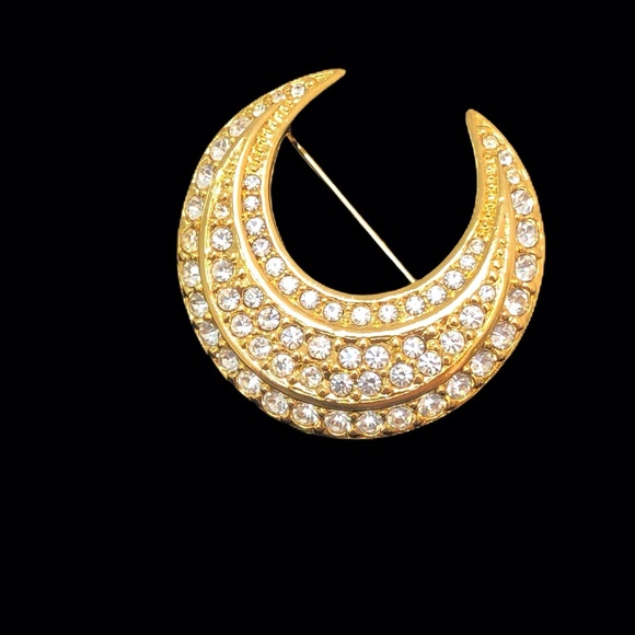 VINTAGE JOAN RIVERS GOLD & CLEAR CRYSTAL CRESCENT MOON BROOCH - Picture 6 of 16